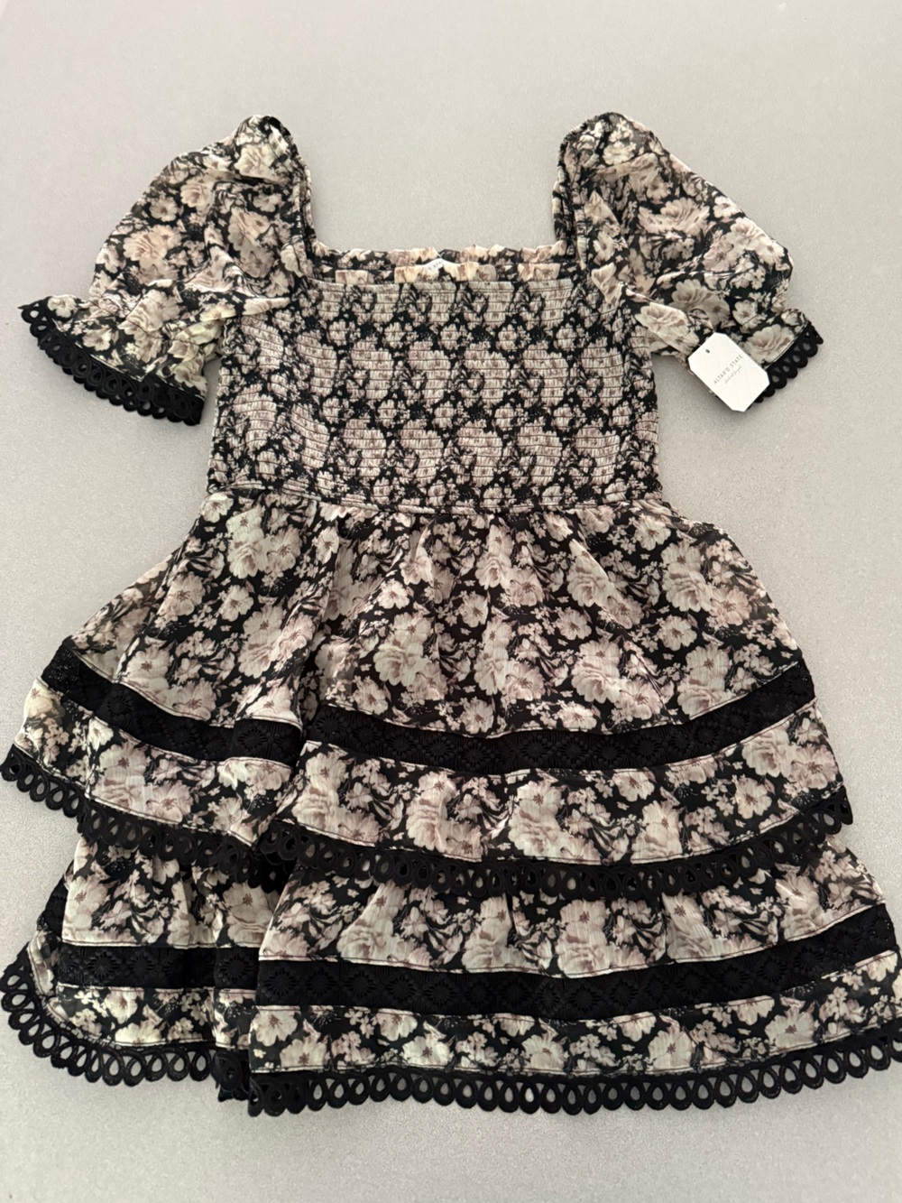 lola Black and Cream Floral Smocked Lace-Trim Chemise